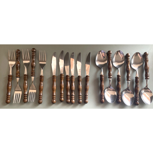 Vintage MCM 17 Piece IWA Rostfrei Wooden Handle Flatware Silverware - Picture 1 of 6